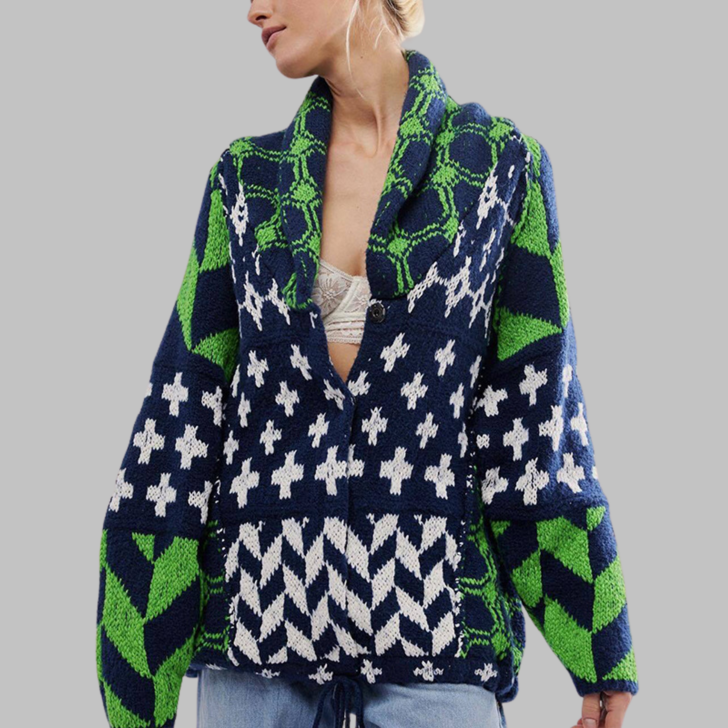 Alessandra – Kardigan vintage oversize z kołnierzykiem i guzikami