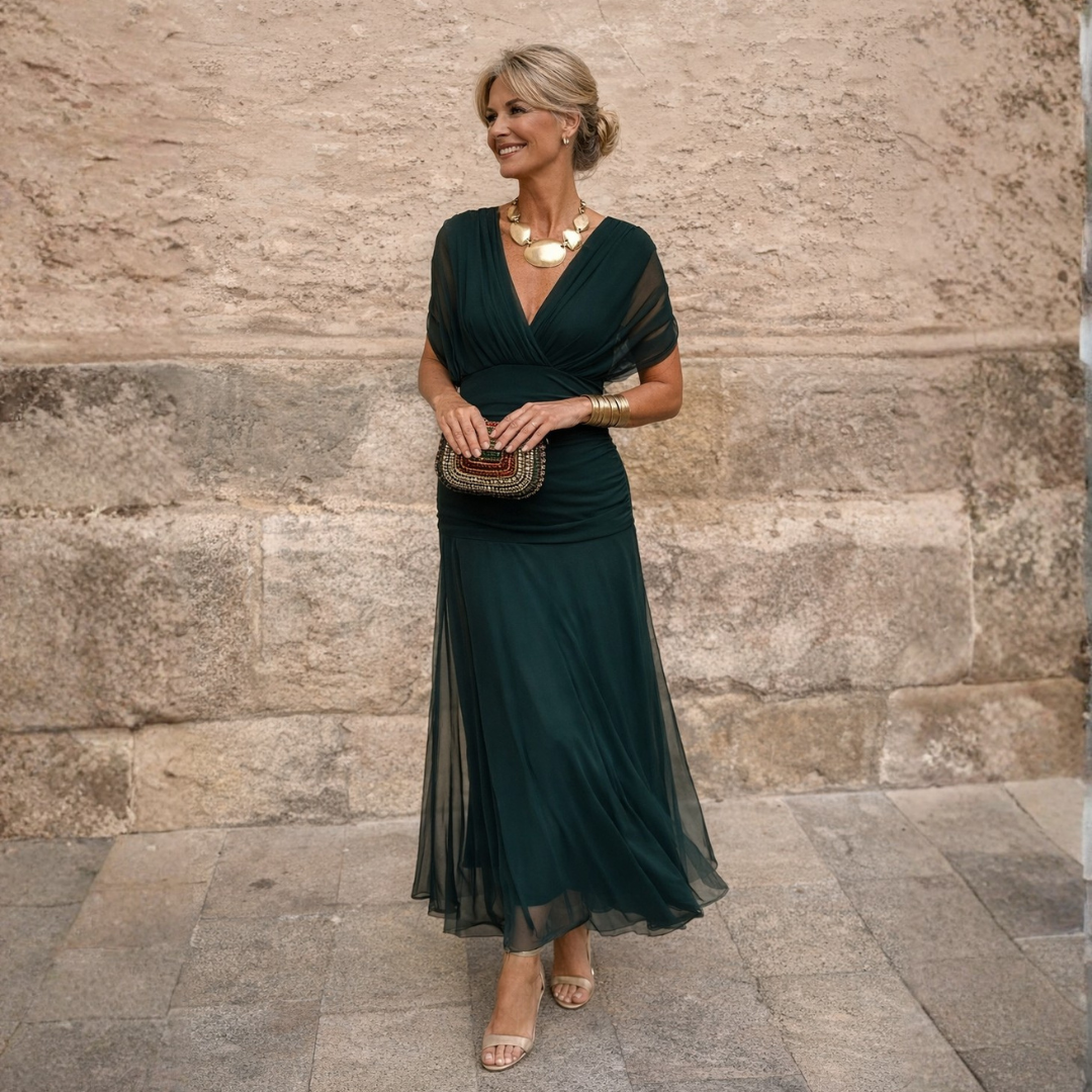 Mikaela | Elegancka sukienka maxi z dekoltem hiszpańskim