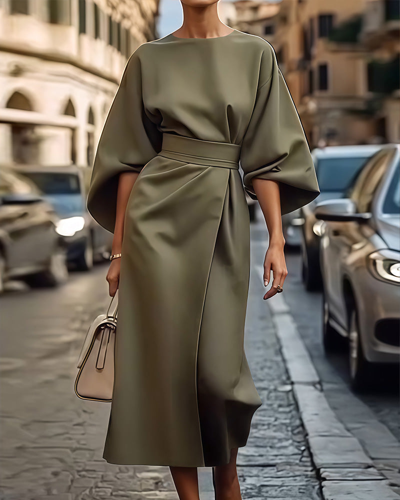 Celestine - Sukienka Z Eleganckimi Latarniowymi Rękawami I Paskiem