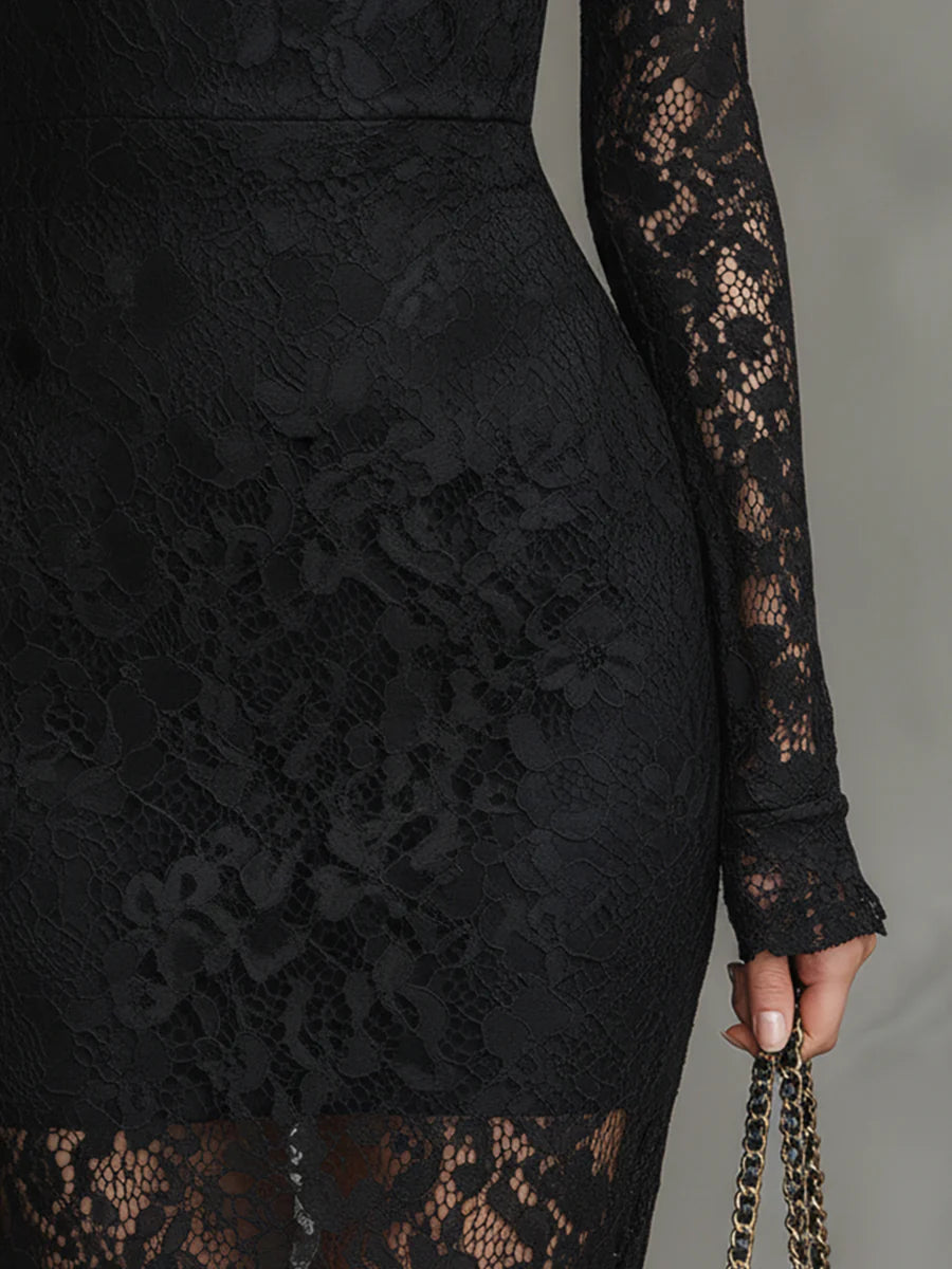 Elwira - Elegancka czarna sukienka maxi z koronką