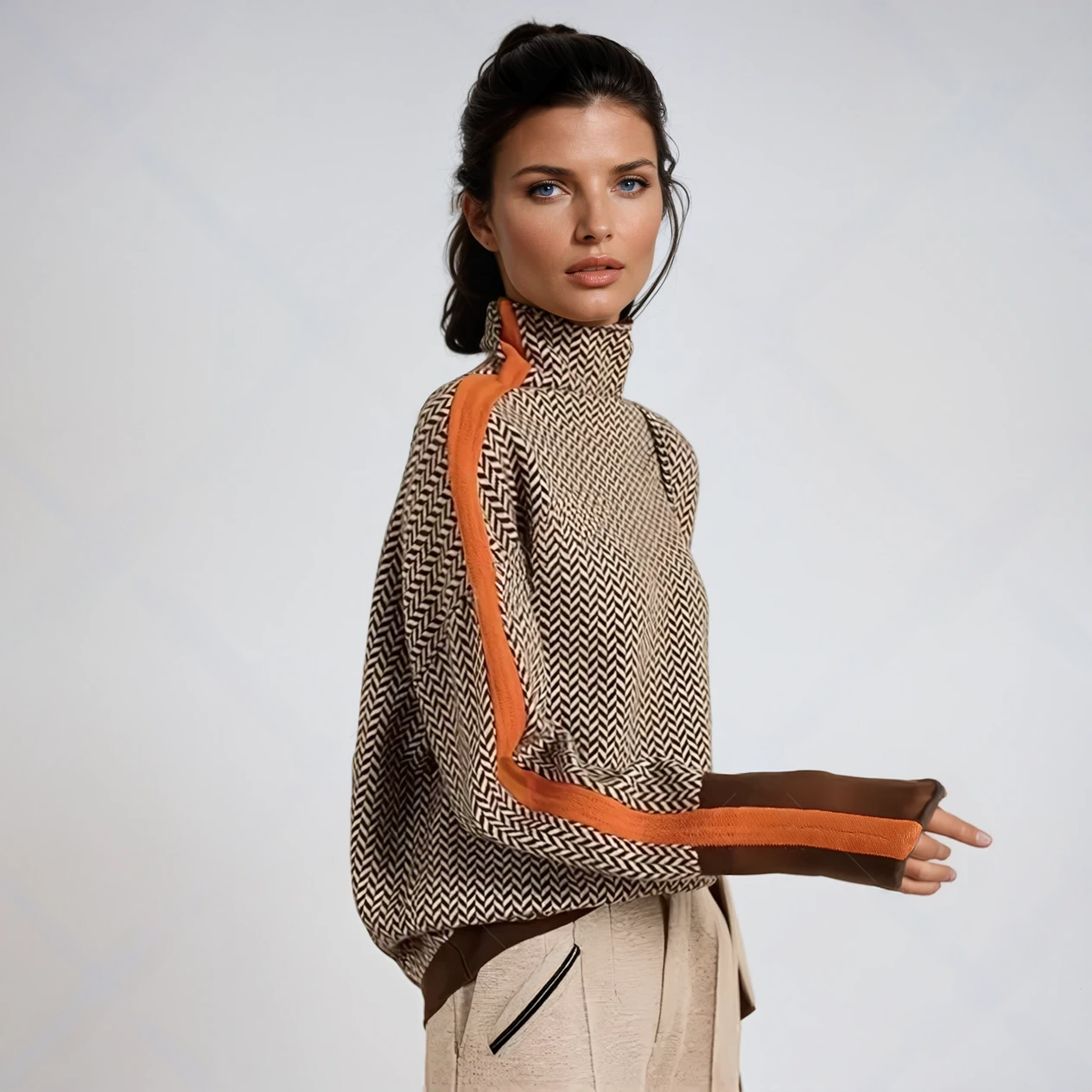 Regina – Sweter z wysokim kołnierzem i kontrastowymi paskami
